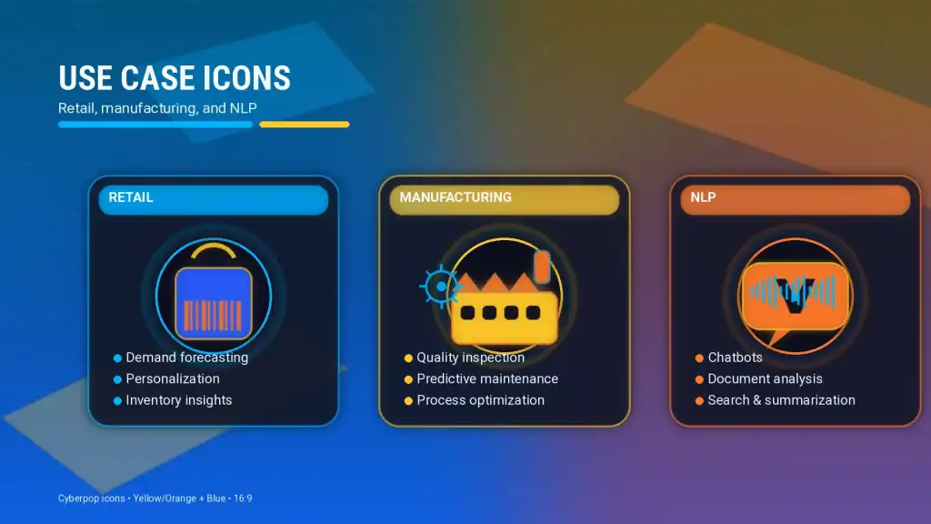 Icons for retail, manufacturing, and NLP use cases
