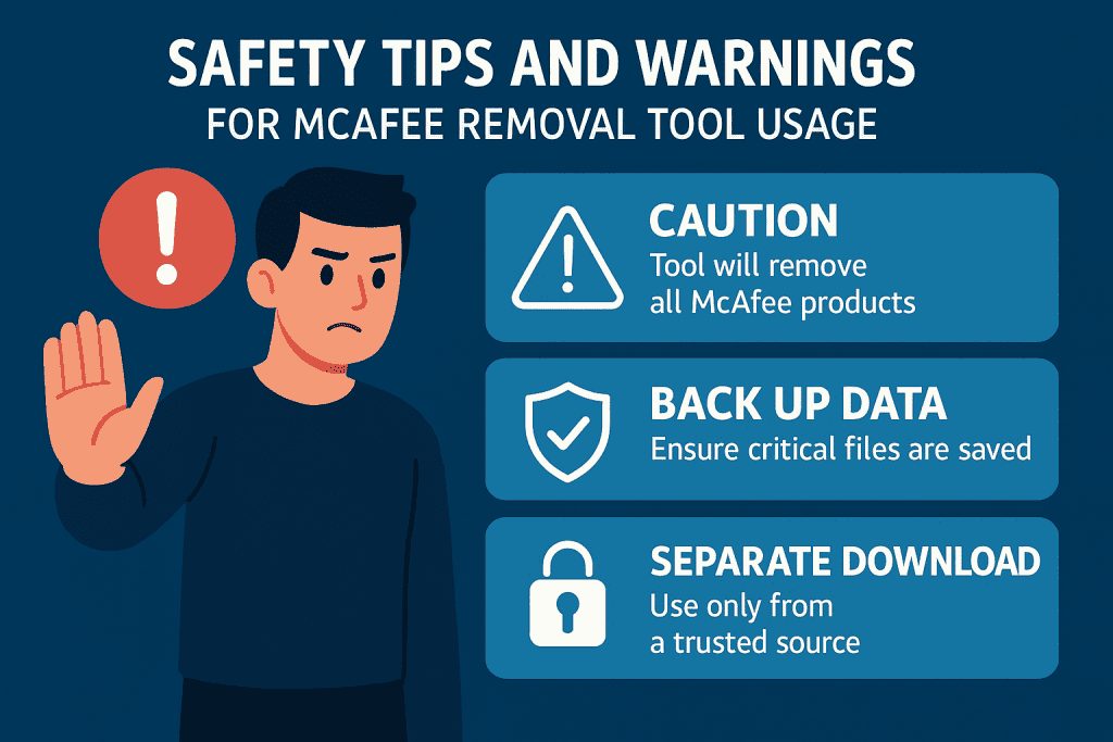 Safety tips and warnings for mcafee removal tool usage.