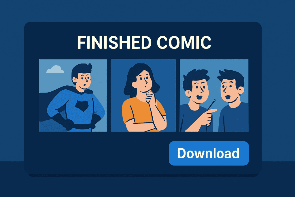 Finished comic strip preview and download button