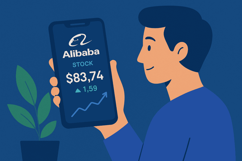 Investor reading Alibaba stock report on phone screen