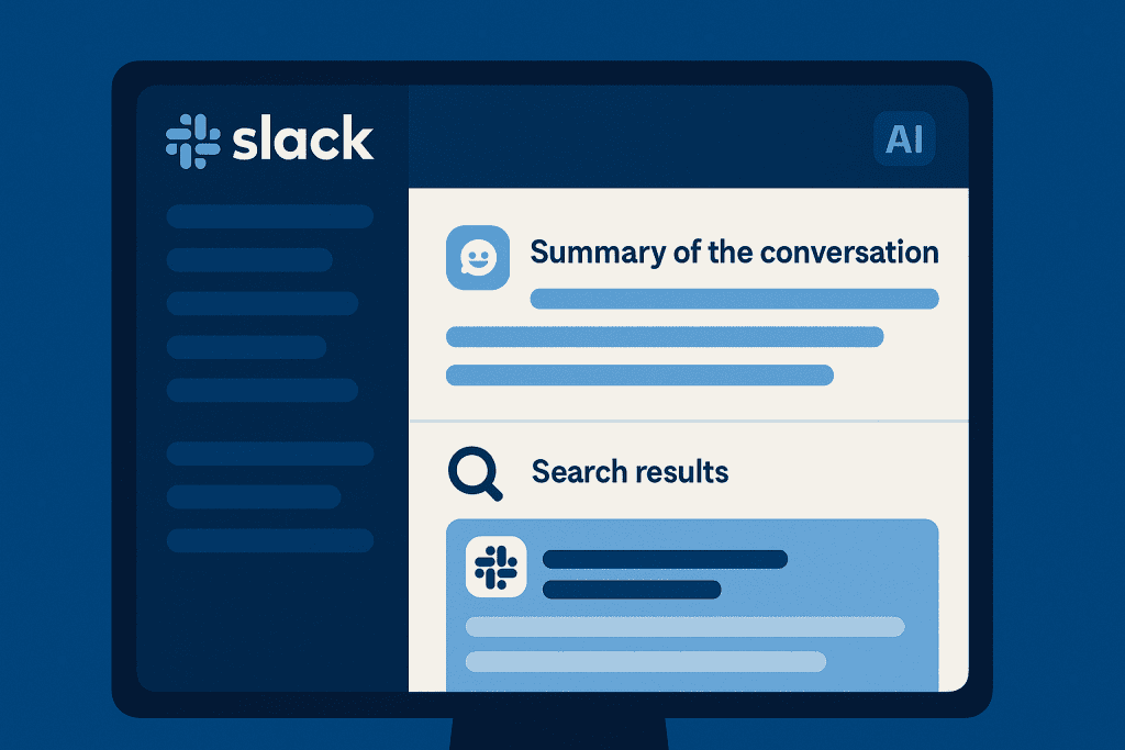 Slack AI interface showing summary and search features.