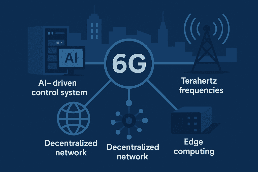 6G smart city diagram with AI, towers, and edge nodes.