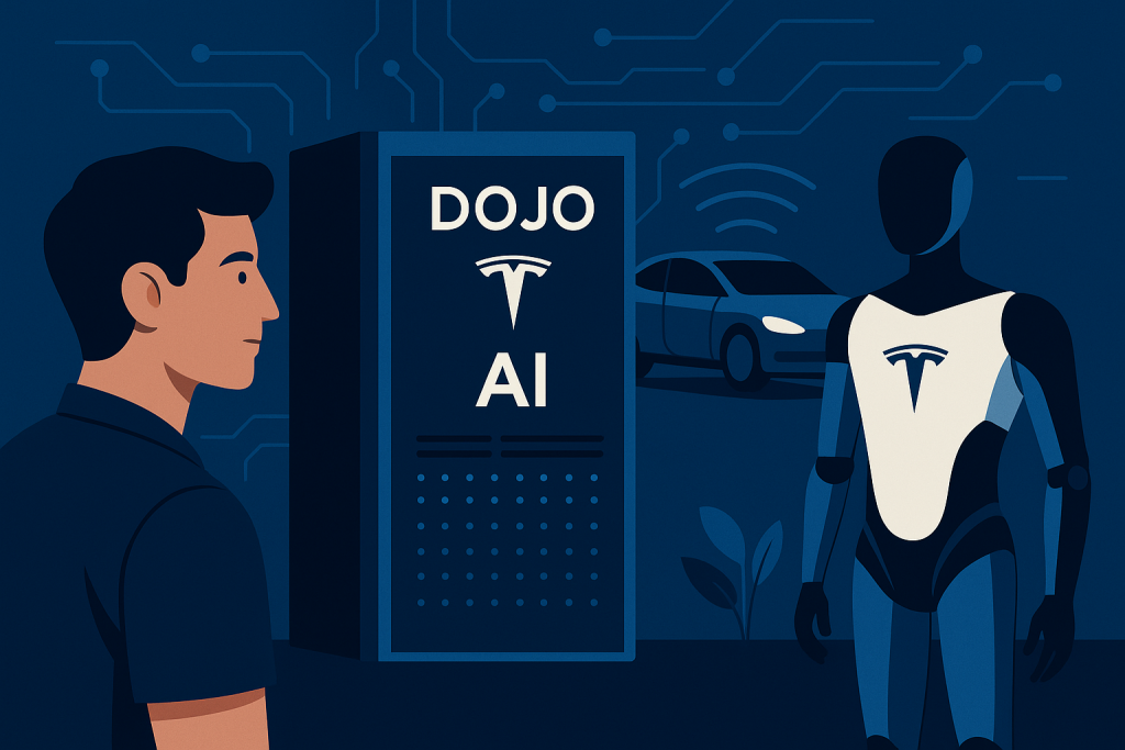 Tesla Dojo AI supercomputer with robot and car