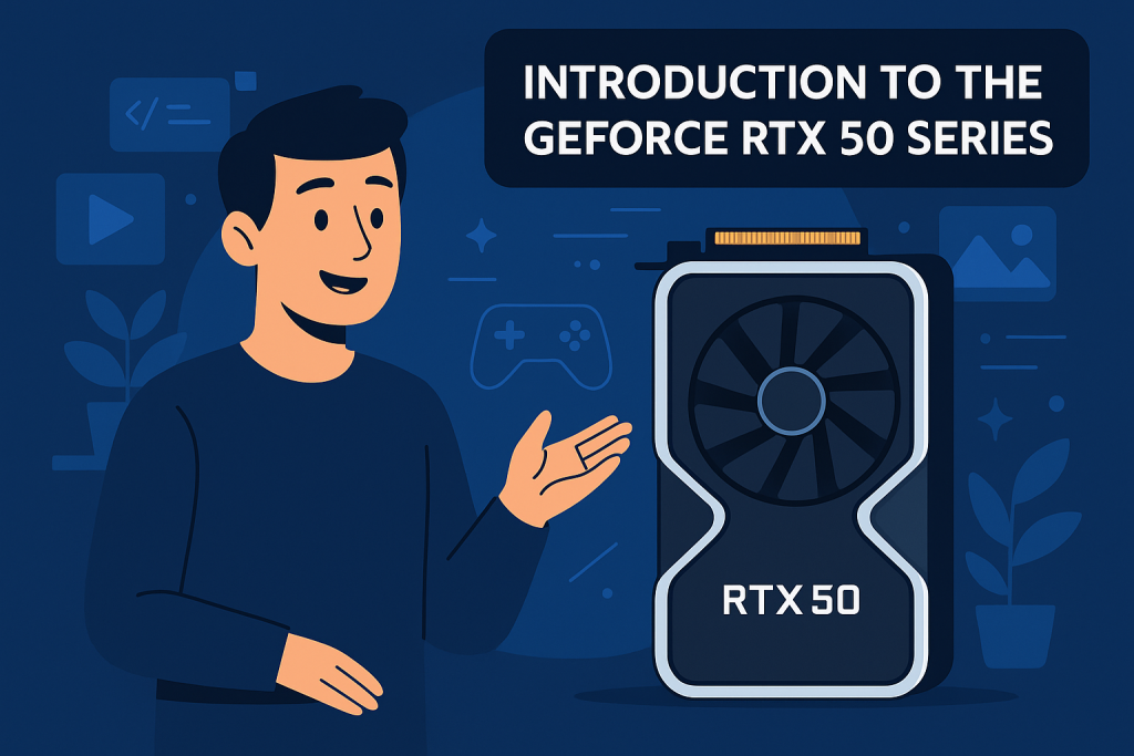 Animated man introduces RTX 50 graphic GeForce RTX 50 Series card.