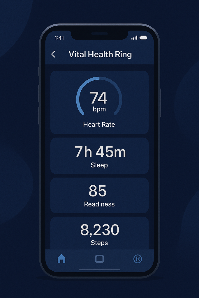 Vital Health Ring app showing health dashboard.