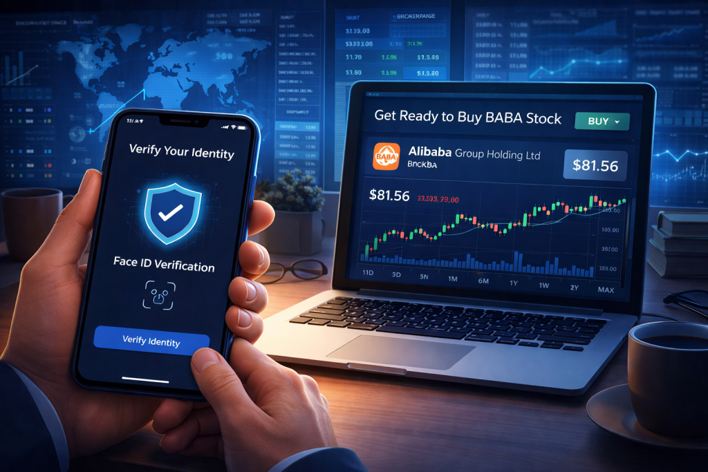 User verifying identity in brokerage app before buying BABA stock