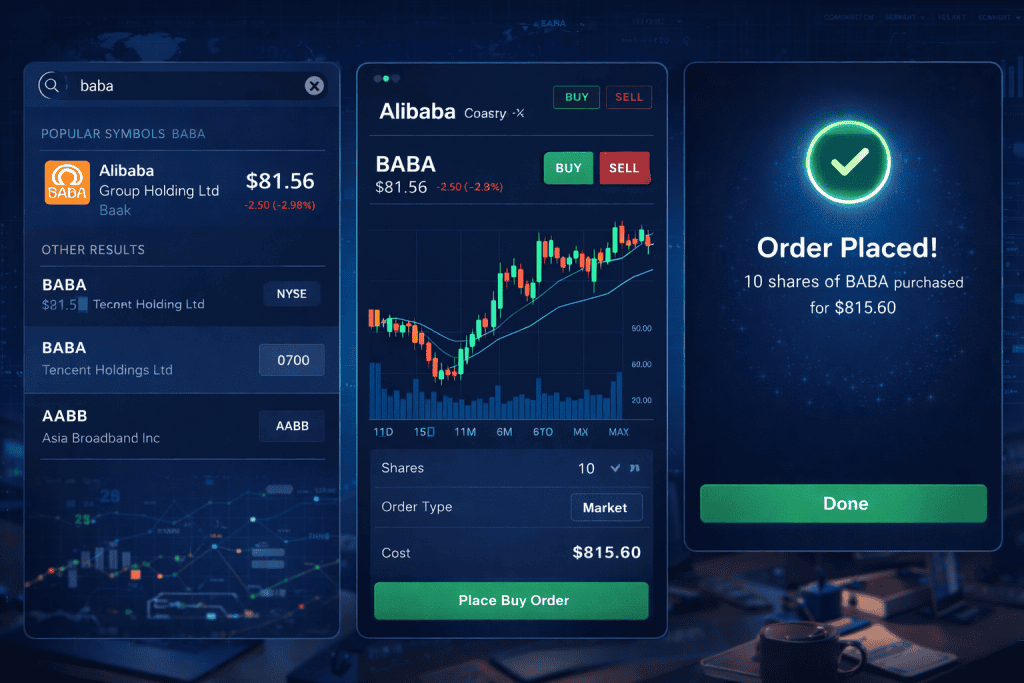 Trading platform showing BABA search, stock chart, and buy confirmation