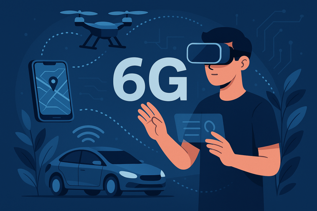 Futuristic 6G wireless ecosystem with VR, drone, car, and smartphone.