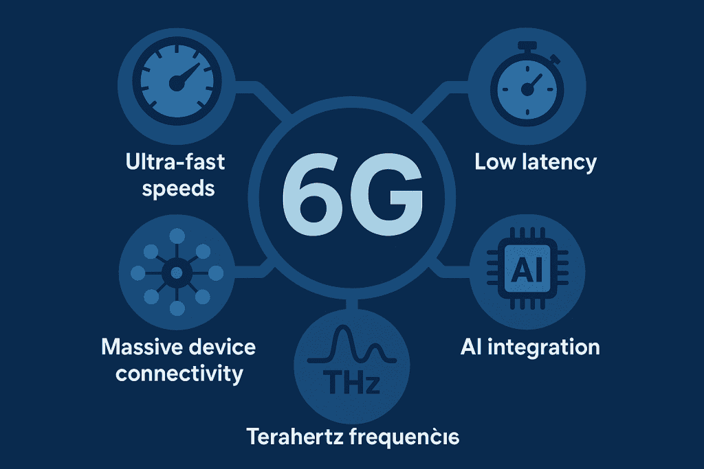 6G wireless infographic showing key features with icons.
