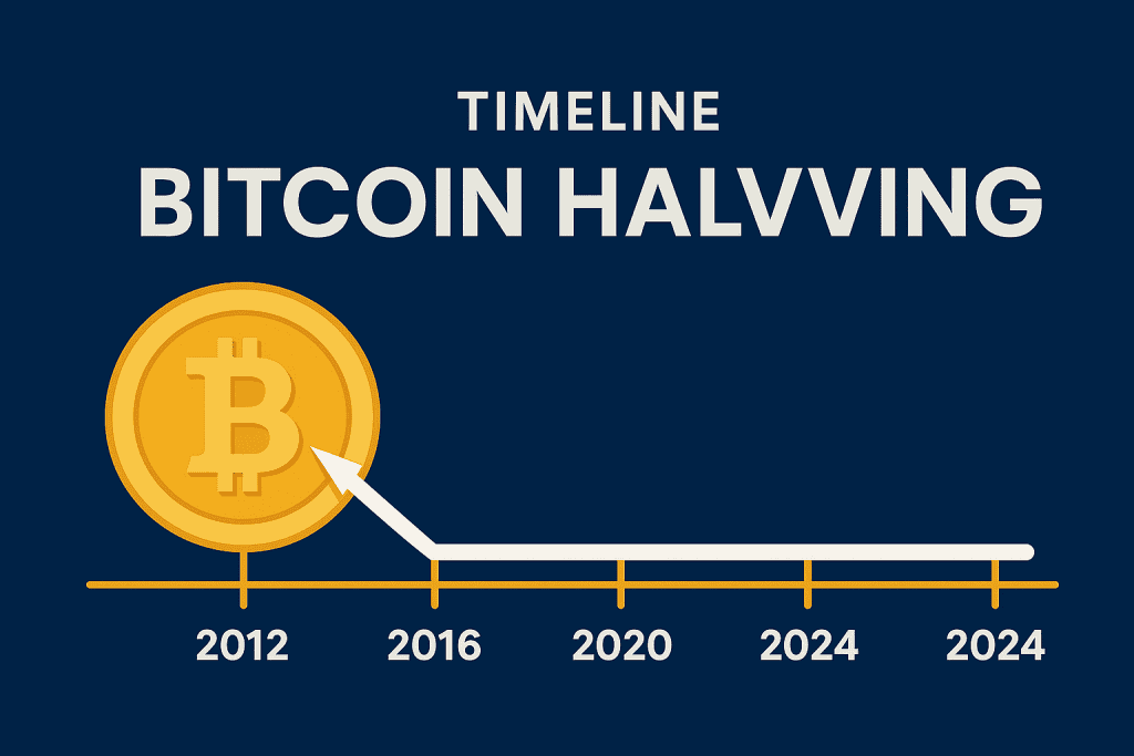 Timeline showing bitcoin halving events from 2012 to 2024 and projected 2028 halving.