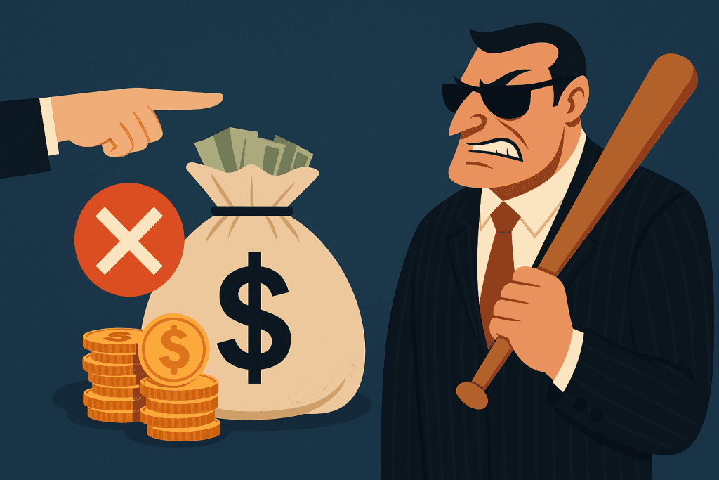 Illustration of angry loan shark with baseball bat beside money bag and red warning sign