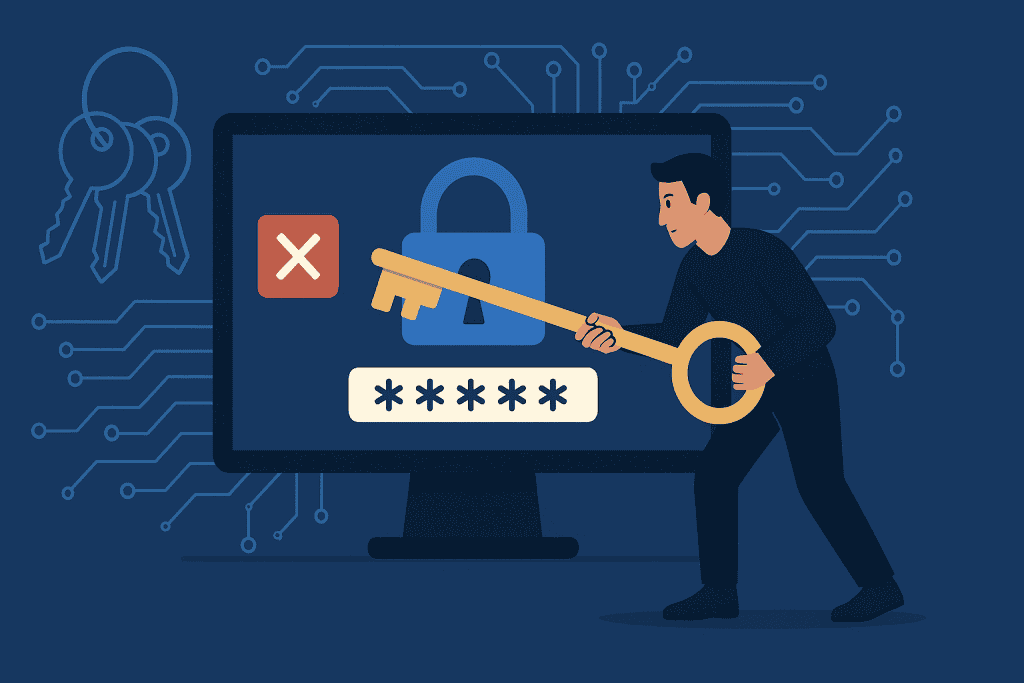 Hacker using giant key to unlock digital padlock on screen.