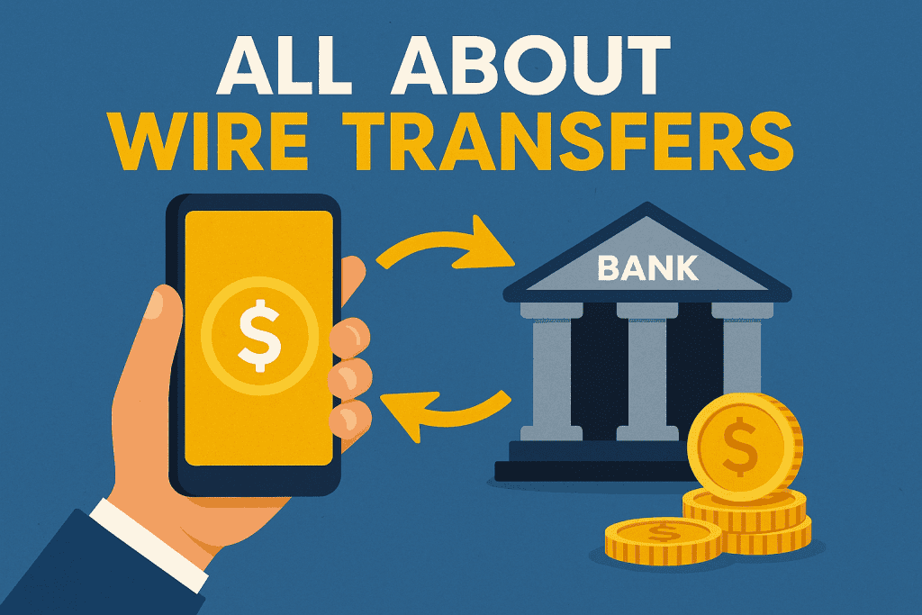 Illustration of smartphone sending money to bank building with coins and arrows