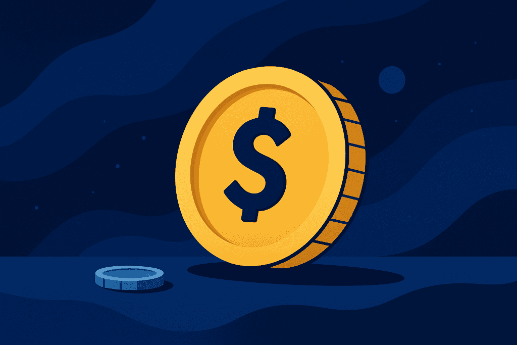 Modern digital illustration of a stablecoin with dollar sign on blue background