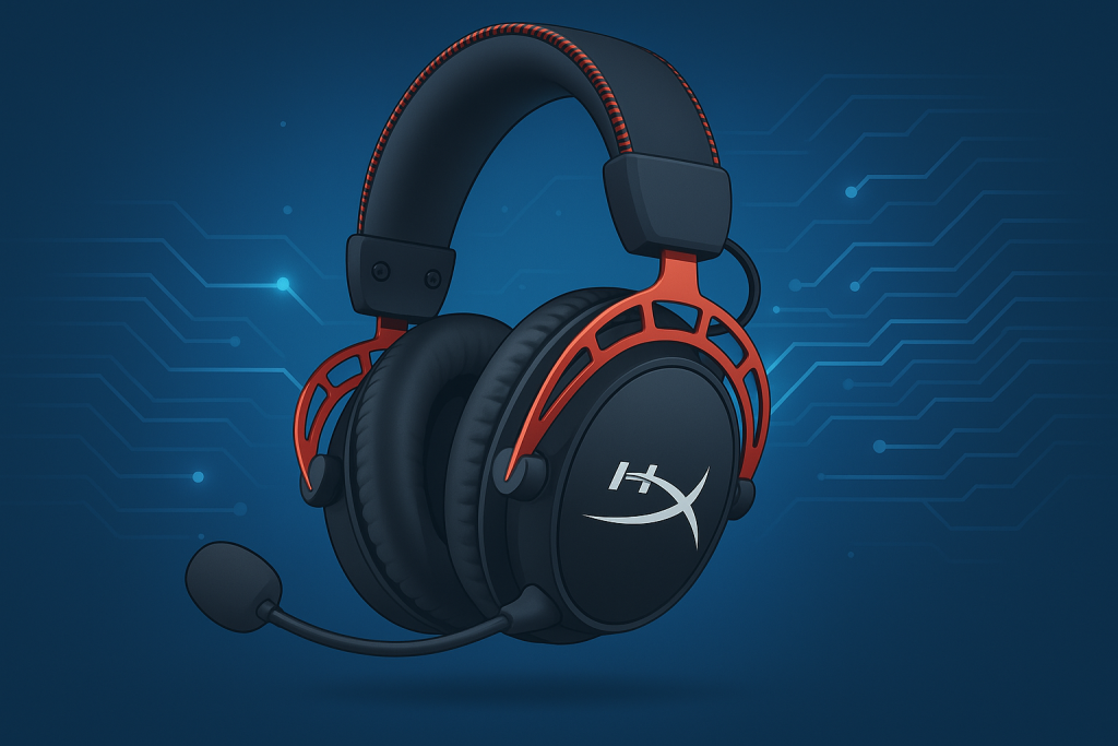 Animated professional illustration of the HyperX Cloud Alpha Wireless headset in red and black with glowing futuristic accents.