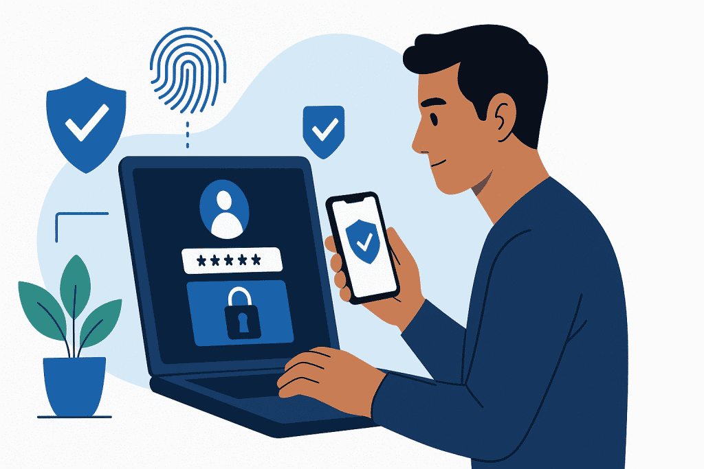 Man using laptop and smartphone for two-factor authentication login.