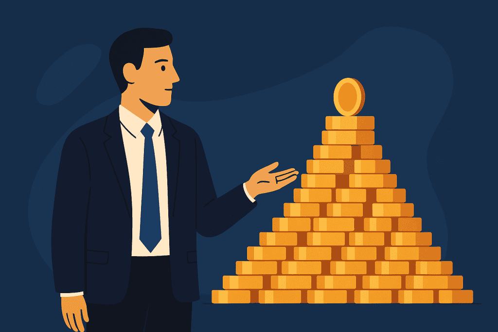 Businessman presenting pyramid of gold coins symbolizing Ponzi scheme