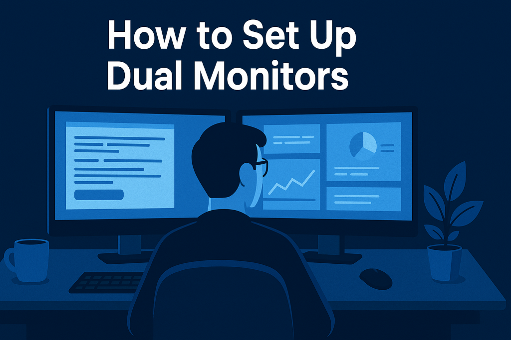 Modern dual monitor setup illustration with sleek workspace design.