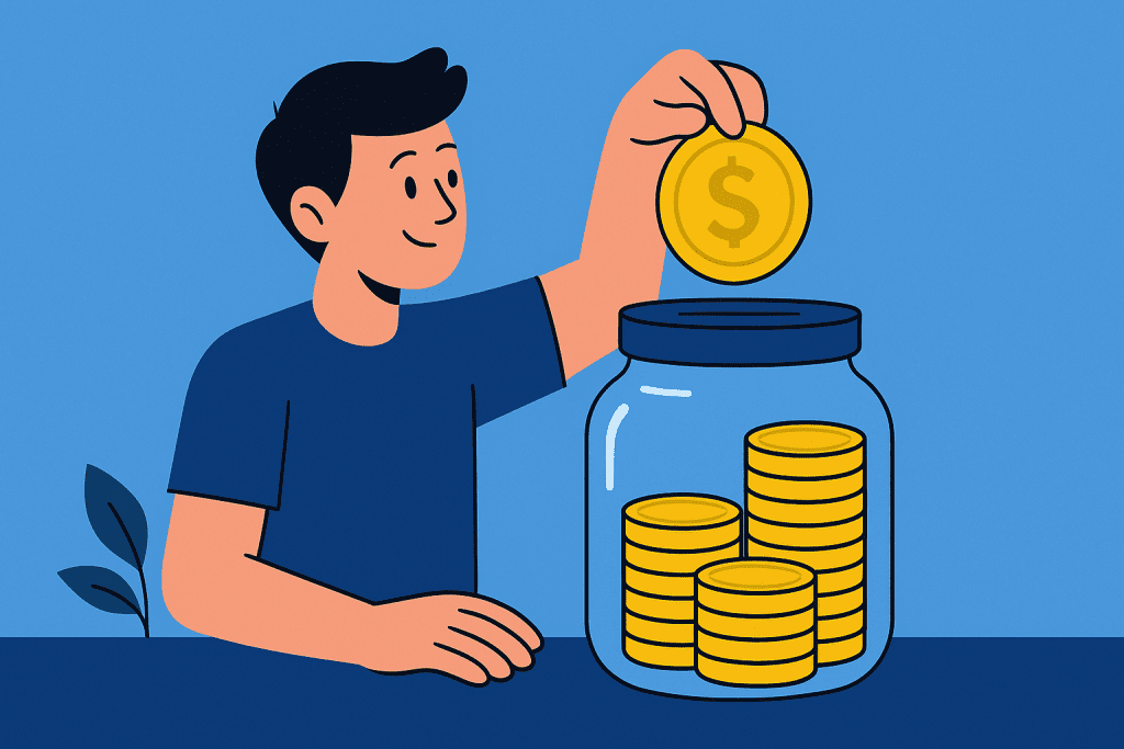 Illustration of person putting coins into a jar symbolizing saving money