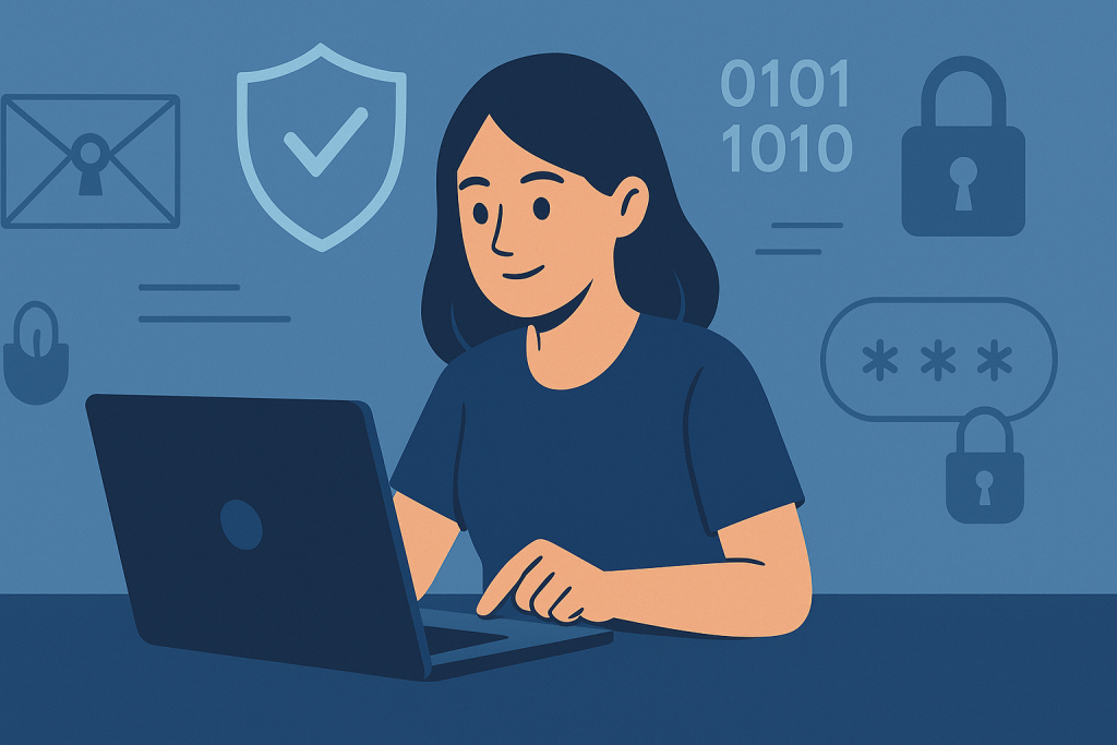 Woman using laptop with digital security icons.