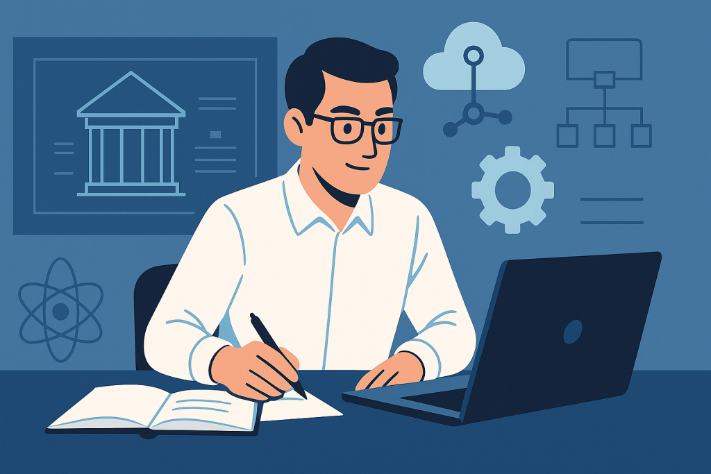 Solutions architect working with laptop, notes, and tech diagrams.