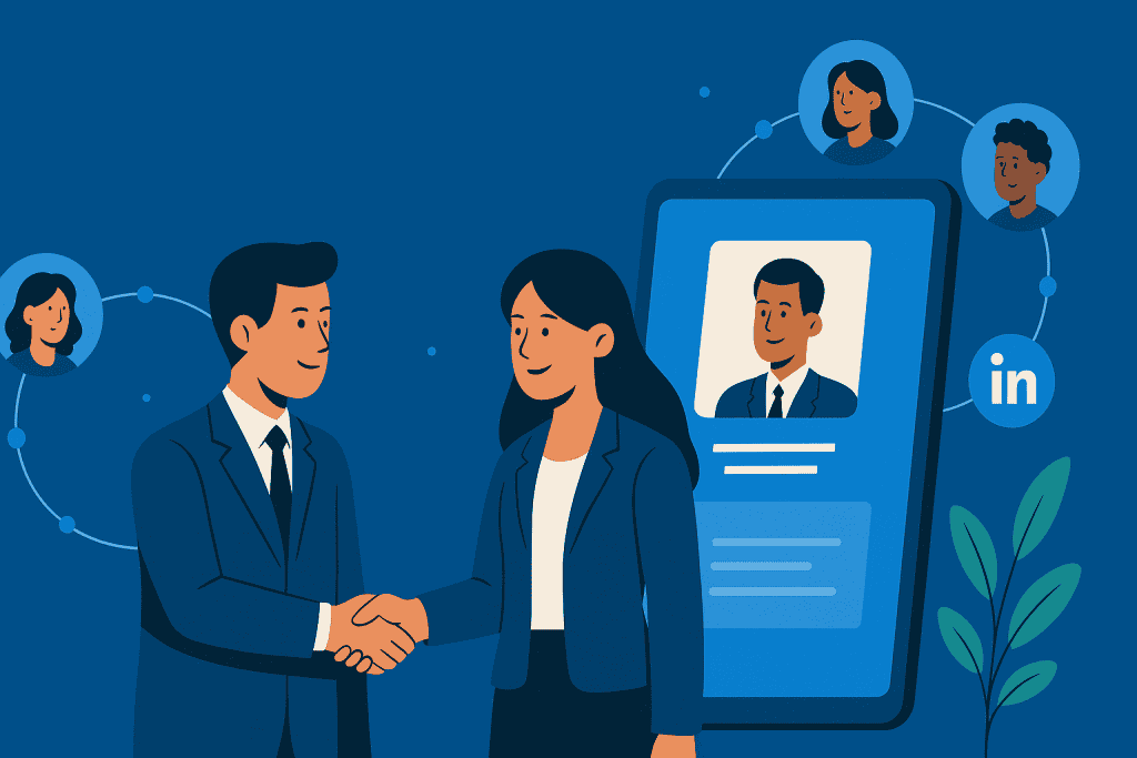 Illustration of two professionals shaking hands in front of a LinkedIn profile, symbolizing networking, connections, and career growth.