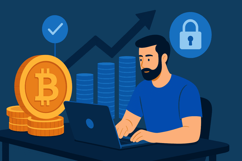 Man staking cryptocurrency with Bitcoin coin, growth chart, and security icons.