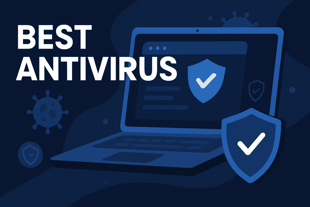 Laptop with shield showing best antivirus protection.