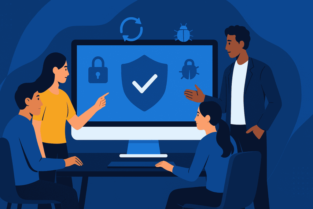 Group of people discussing Malwarebytes security on monitor