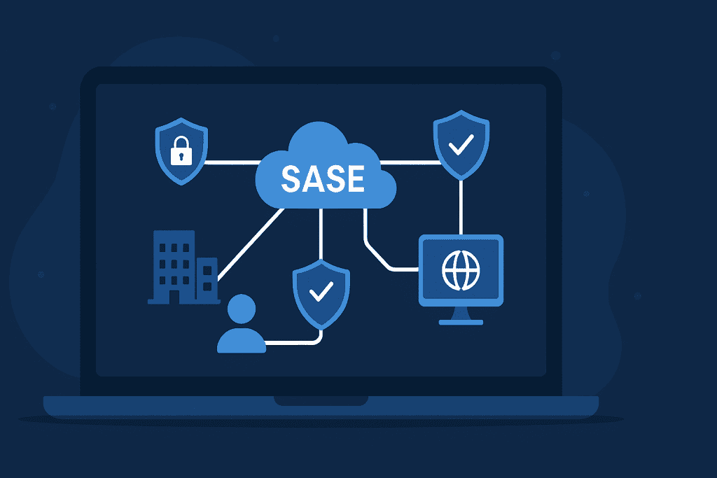 SASE cybersecurity network diagram on laptop screen.