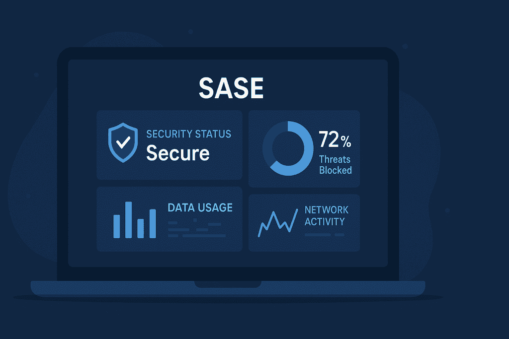 Laptop displaying SASE security dashboard metrics.