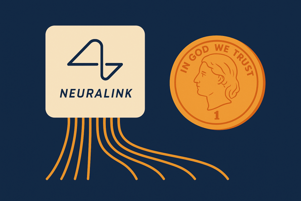 Neuralink chip with ultra-thin threads beside a coin