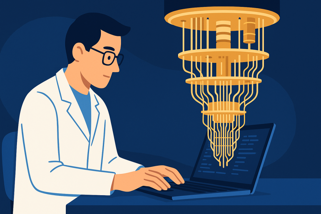 Scientist using laptop to program quantum computer