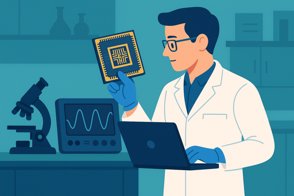 Engineer working in laboratory with superconducting quantum chip