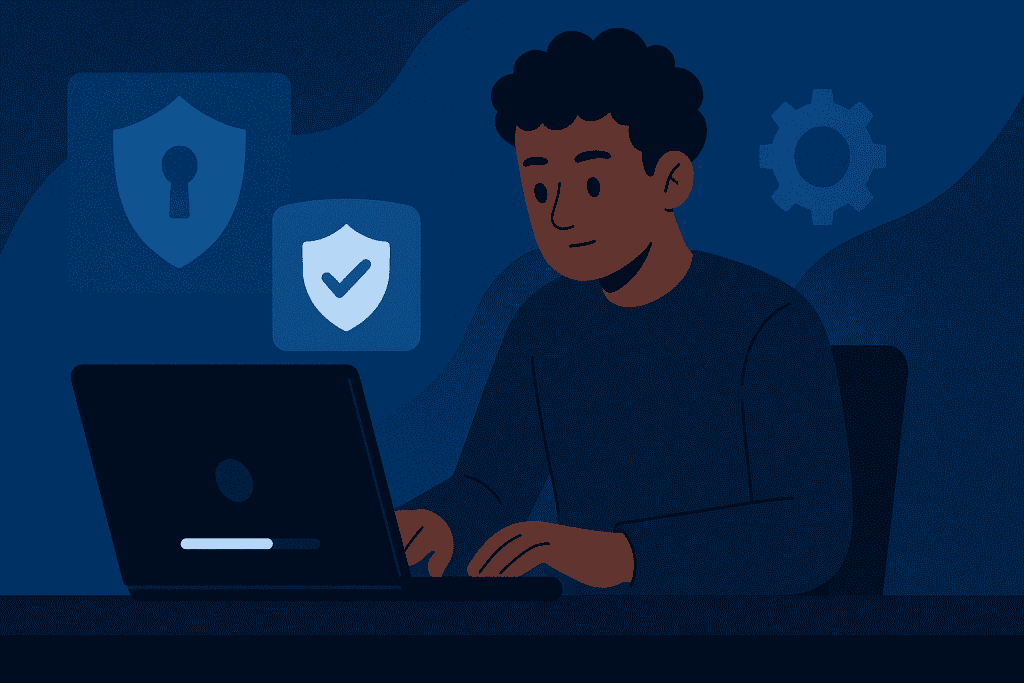Cybersecurity expert monitoring endpoint threats on laptop
