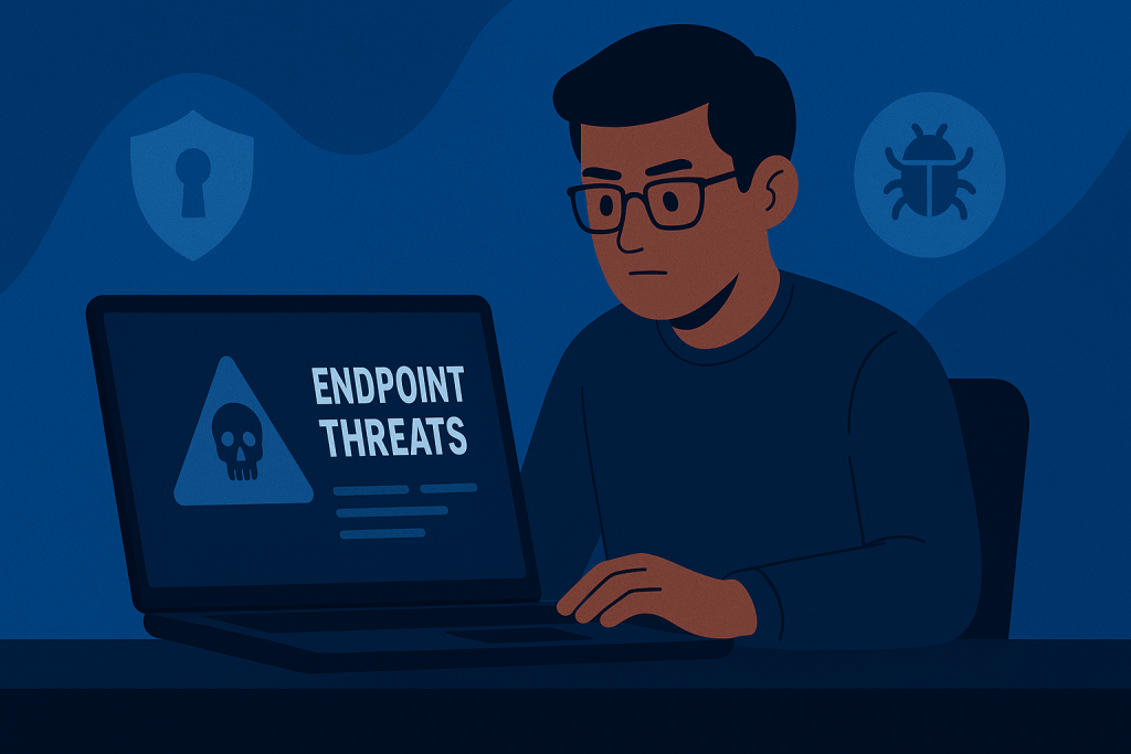 Technician configuring endpoint protection on remote work laptops