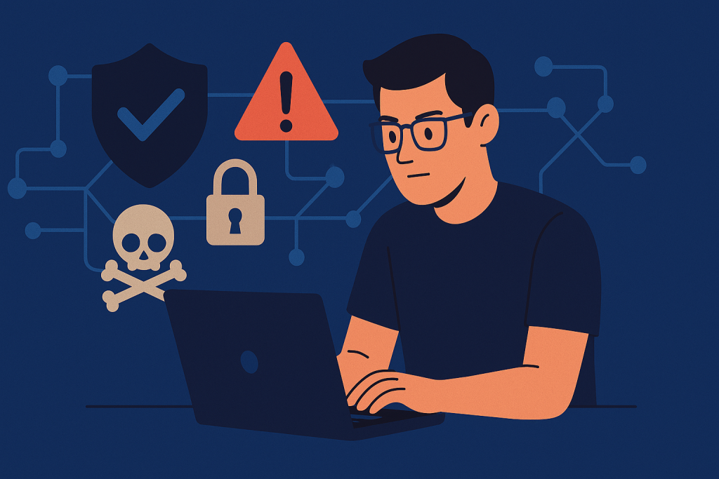 Cybersecurity expert running simulation on secure laptop