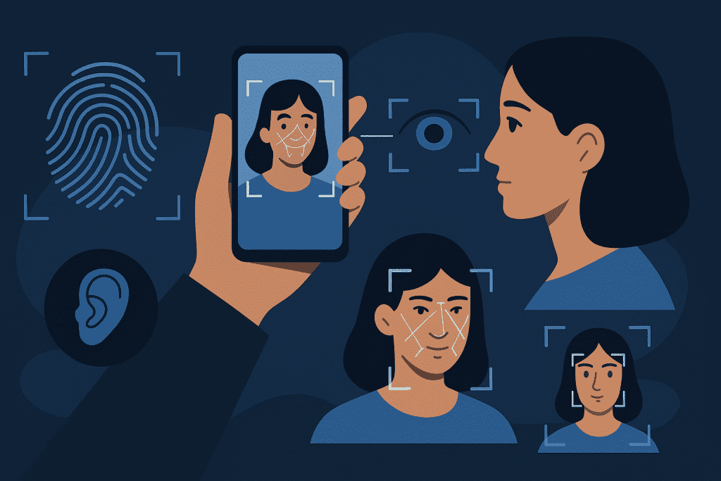 An illustration of a woman using a biometric authentication.