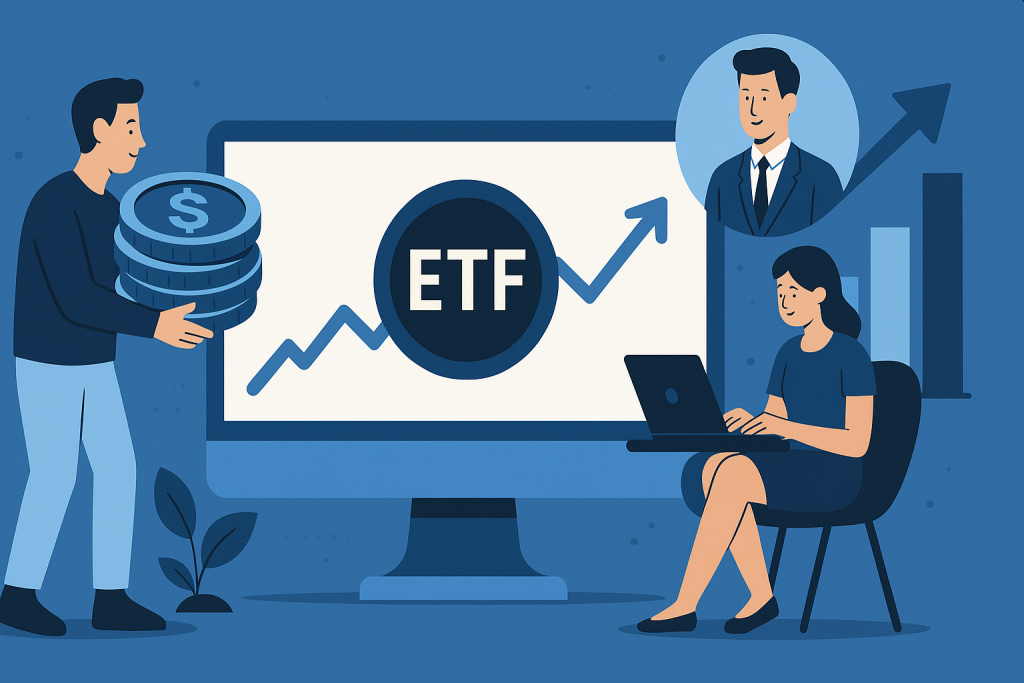 An illustration where people are having a meeting about ETF stocks.