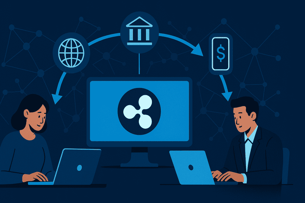 An illustration of two people having a transaction with Ripple.