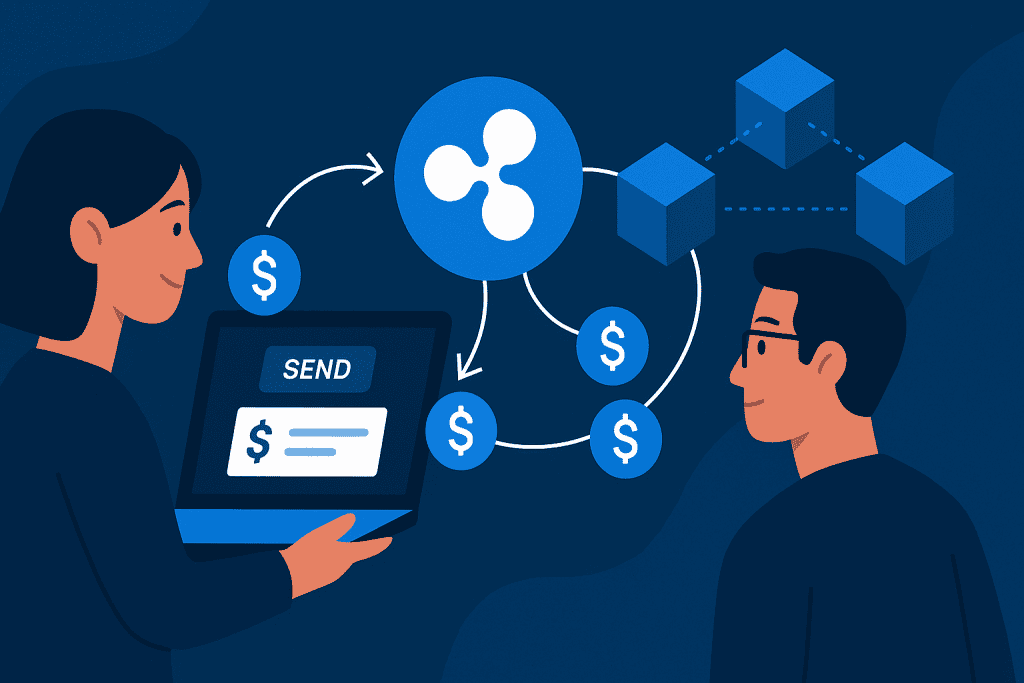 An illustration where a woman is showing how Ripple works