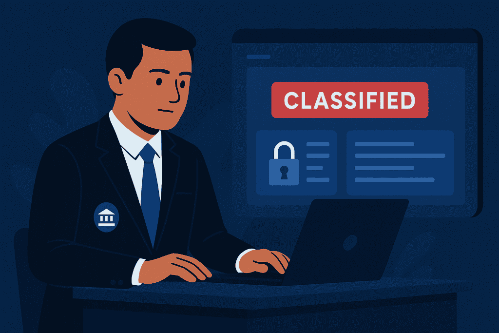 Government employee reviewing classified data on secure portal