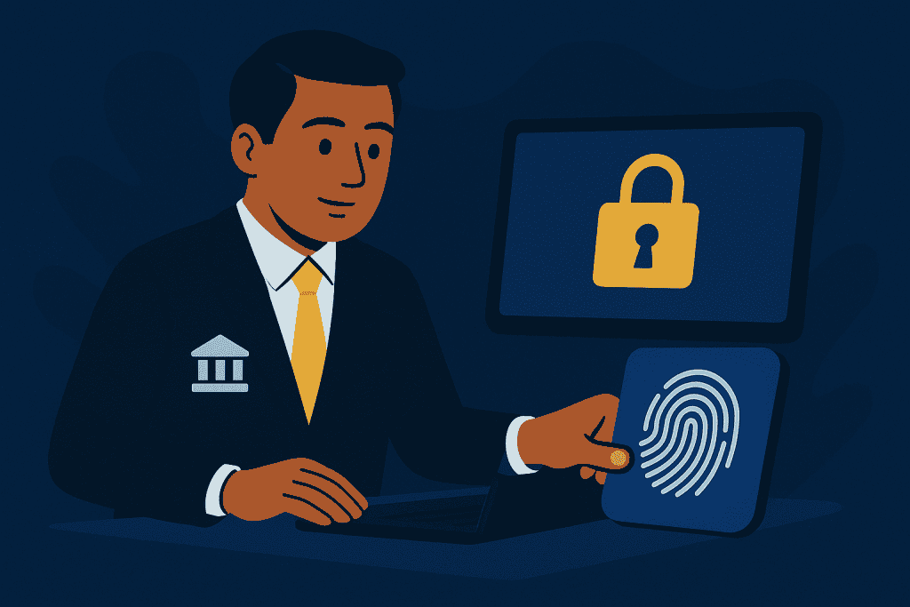 Banker using MFA fingerprint scanner to log in securely.