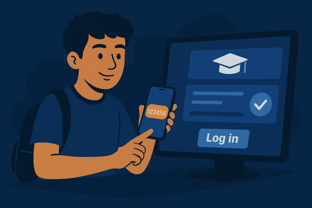 Student logging into university portal with smartphone