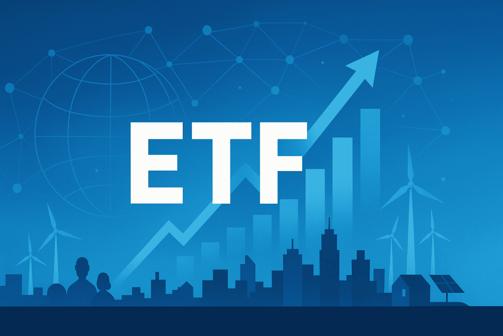 ETF logo with growth arrow shaping society’s future.