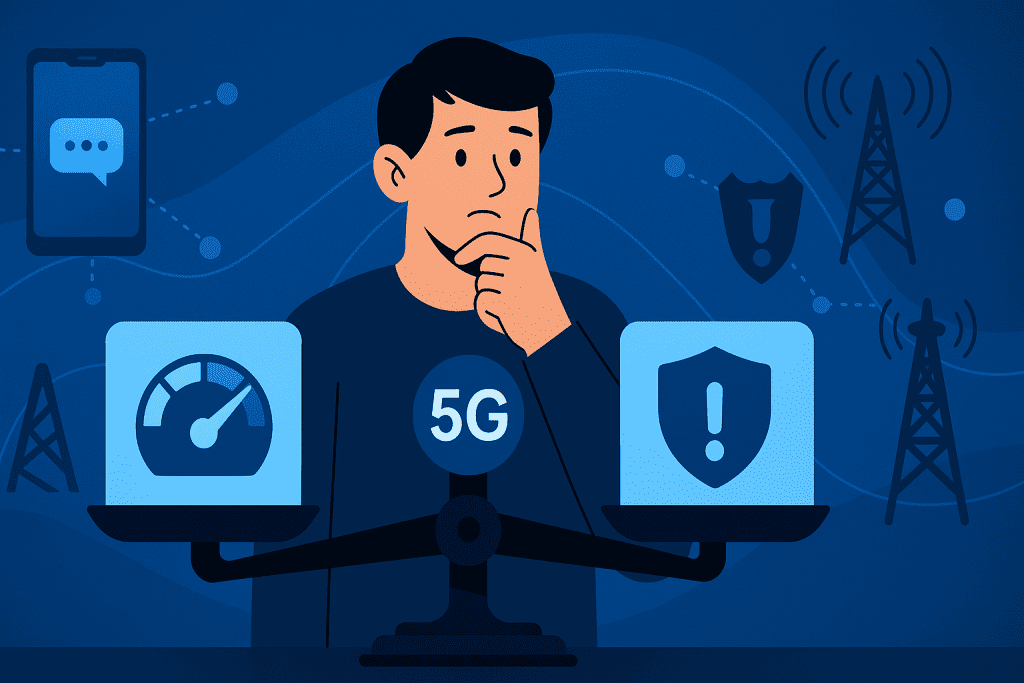 An illustration showing the pros and cons of using 5G