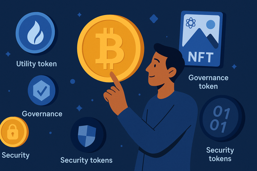 man interacting with crypto assets like Bitcoin, NFTs, and tokens