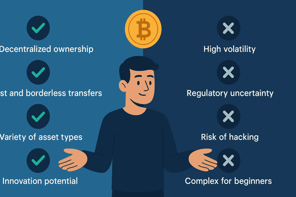 infographic comparing pros and cons of crypto assets with icons