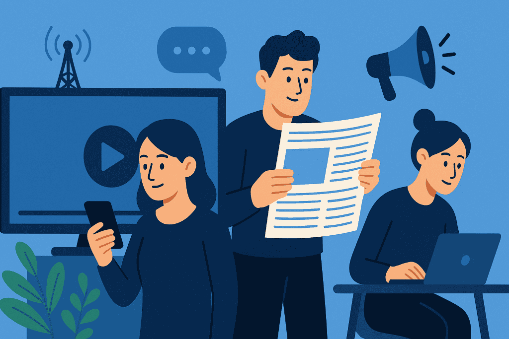 People using different forms of media