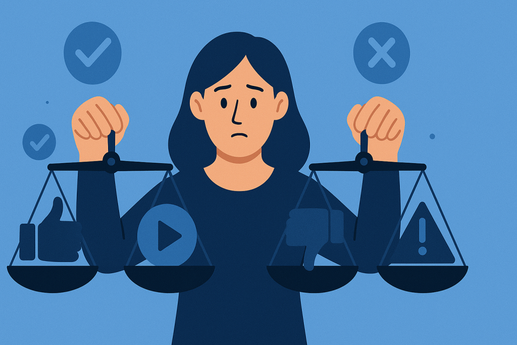 Woman weighing pros and cons of media